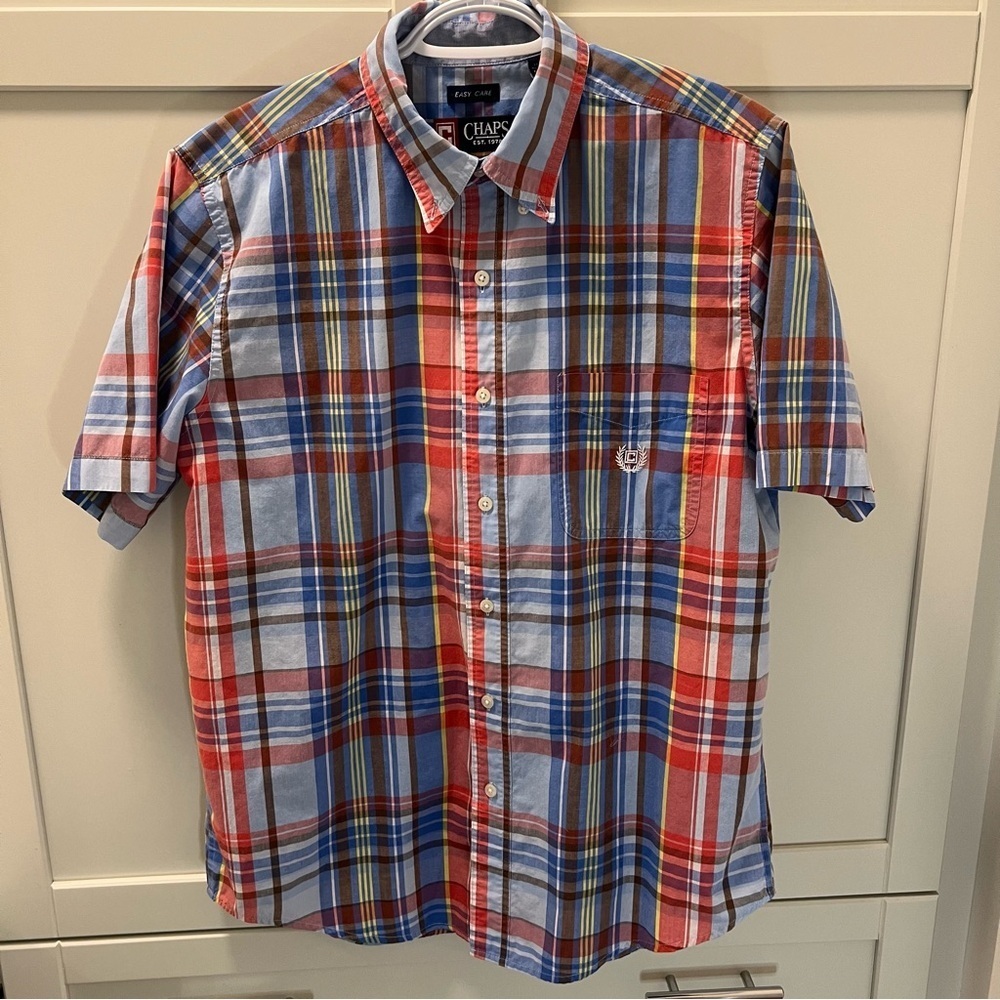 CHAPS Easy Care Short Sleeved Plaid Dress Shirt Men's Medium Red Yellow Blue